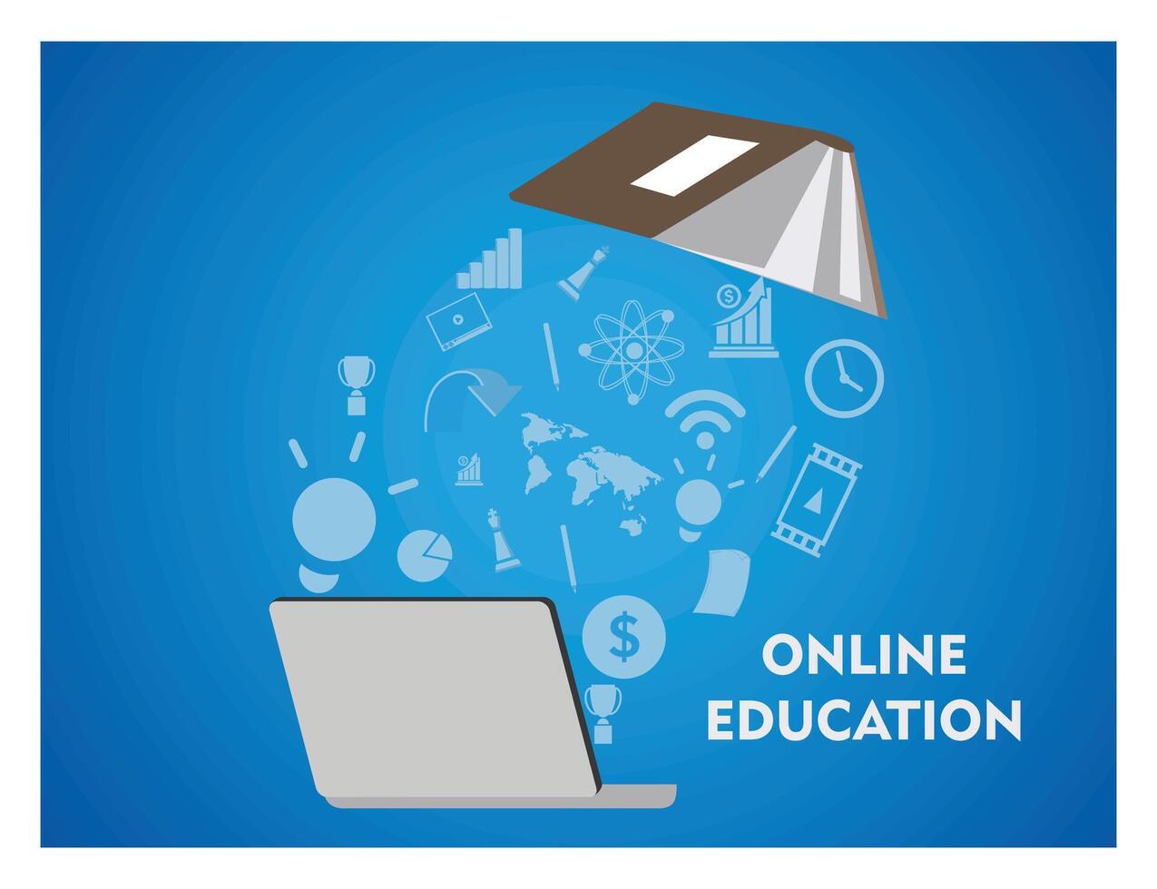 Digital Learning Concept With Laptop and Educational Icons on Blue Background. vector