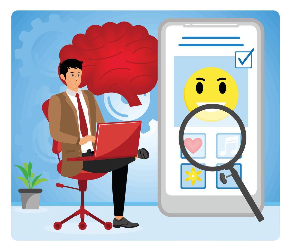 Using Mental Health App. Businessman Analyzing App with Emotional Highlighting Artificial Intelligence. vector
