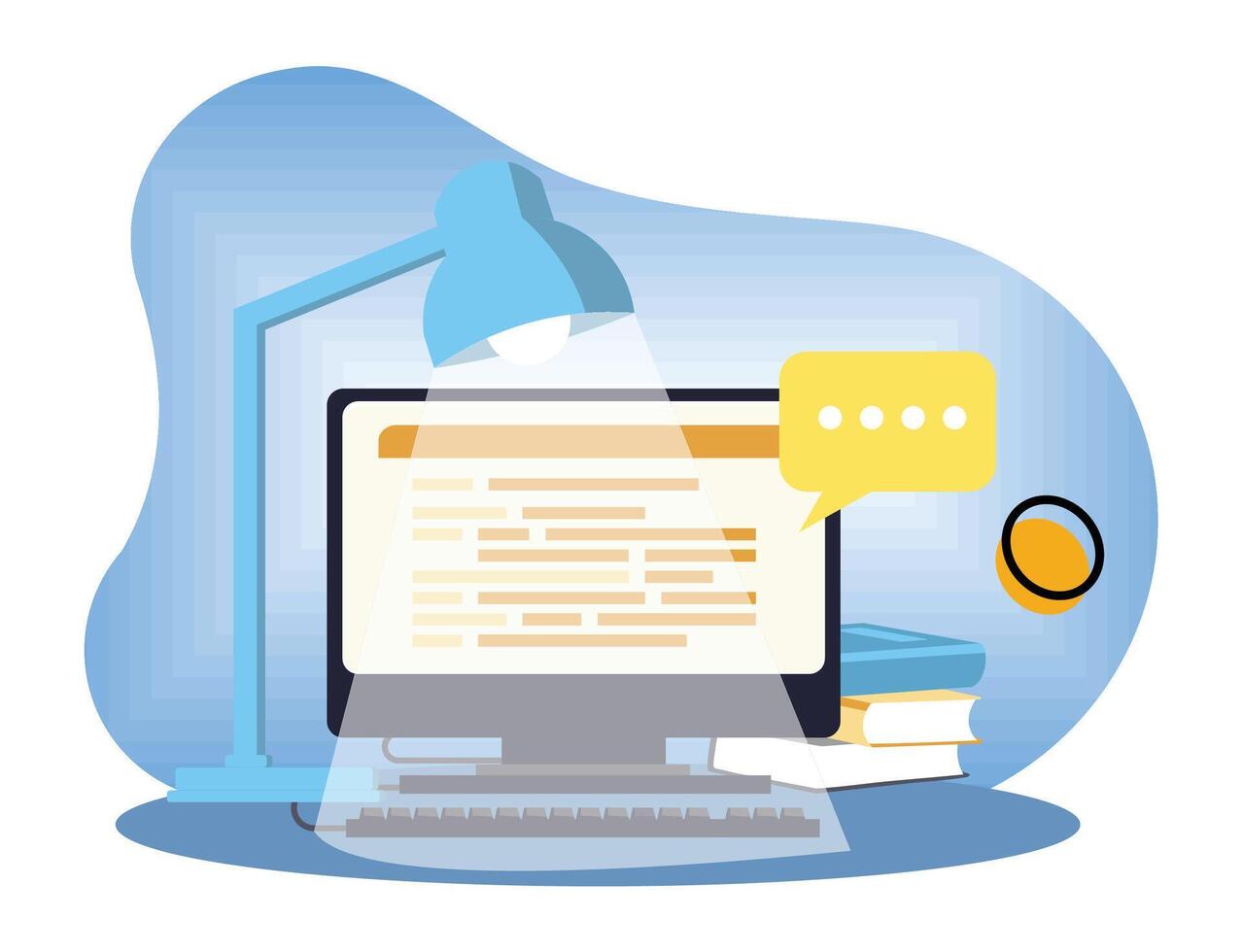 Modern Work Desk with Computer, Keyboard, and Table Lamp. vector