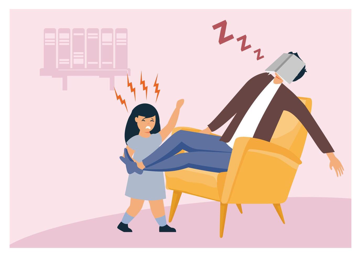 Single Father Engaged in Raising Child. Young Girl Grumbling at a Sleeping Person in a Cozy Armchair. vector