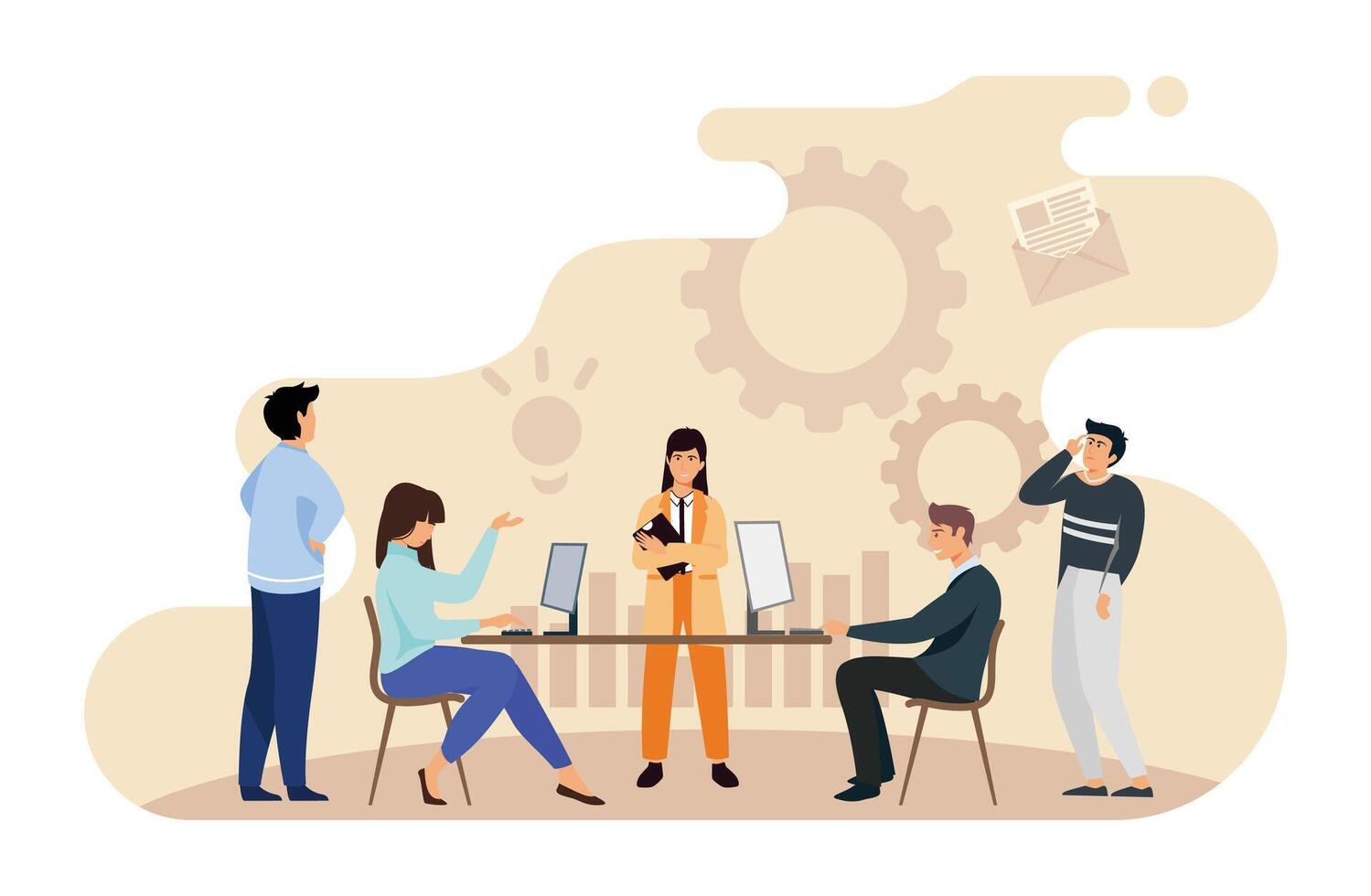 Company employees planning task and brainstorming. People sharing ideas and meeting. vector