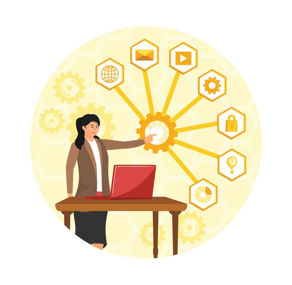 Intelligent interface, businesswoman Presenting Digital Connections Display and Laptop on Wooden Desk. vector