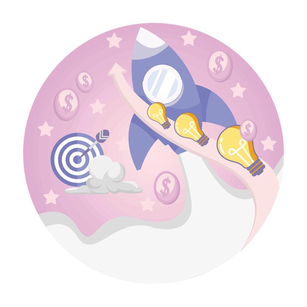 Business Growth Featuring Rocket and Light Bulbs. vector