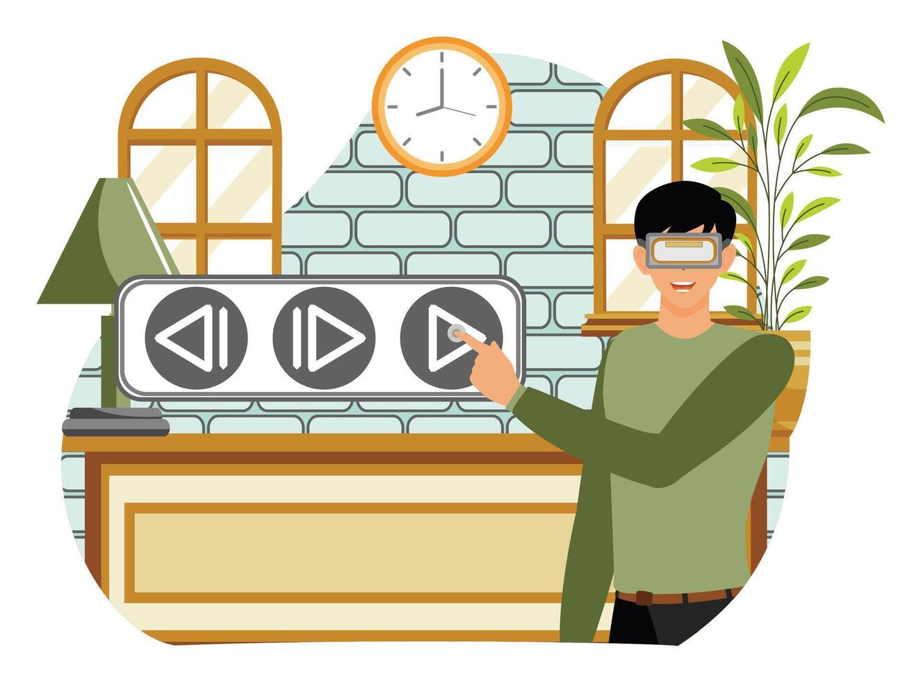 Real estate broker. Man Interacting with Virtual Reality Interface in Modern Home Interior. vector