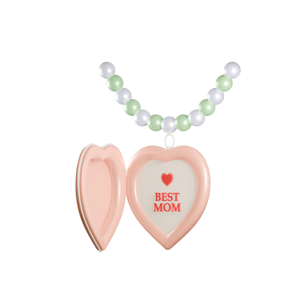 3d Heart Pendant Necklace for Mother's Day. Beads in the form of pearls and a pink heart with the inscription Best Mom. png