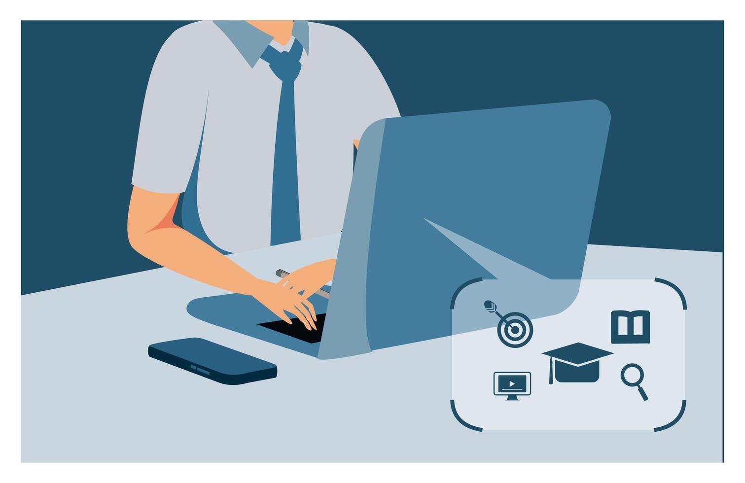 Internet technology education. People taking online lessons on laptop. vector