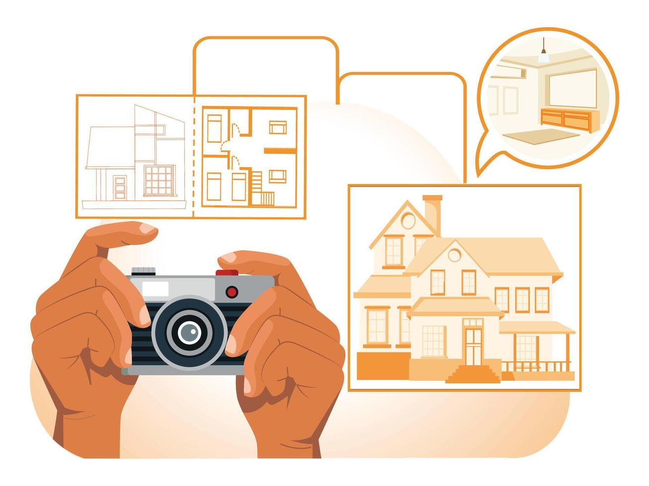 Real estate tour concept. Hands Taking a Photo of Architectural Design and House Interiors. vector