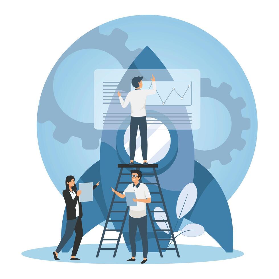 Development Concept. Teamwork Collaboration for Business Project Launch. vector