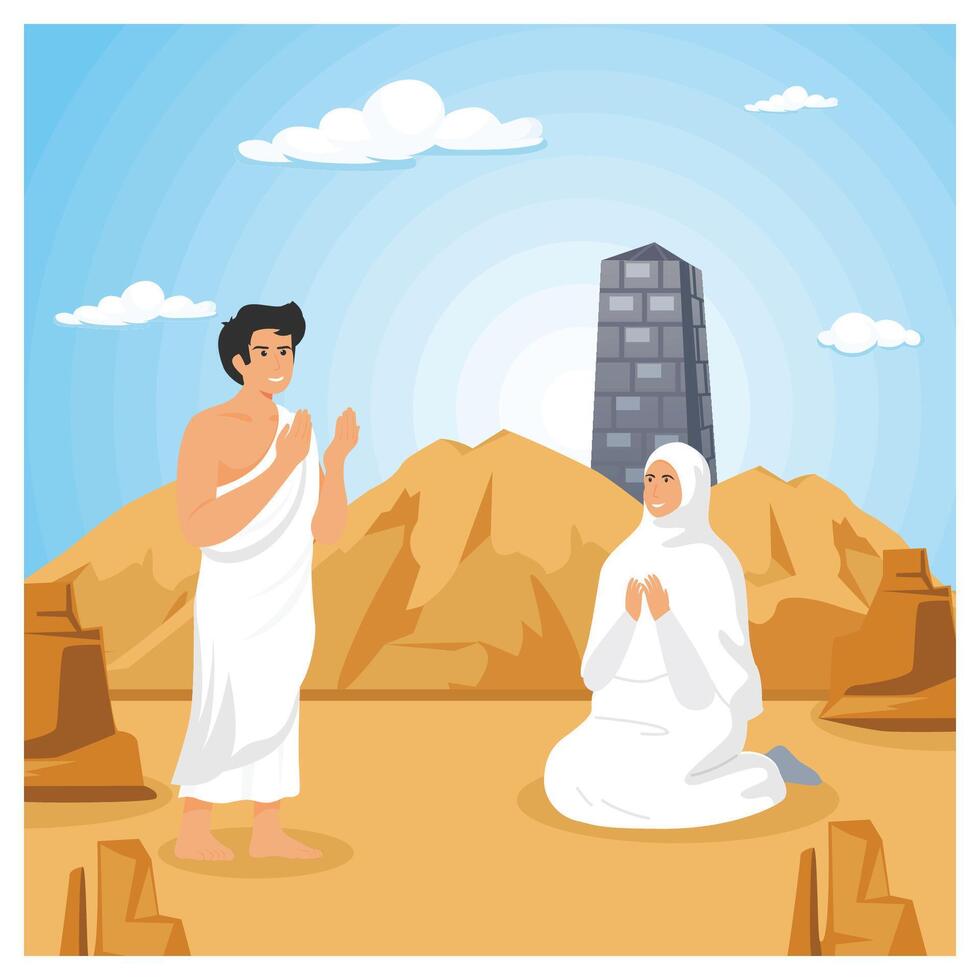 Islamic Hajj Pilgrimage concept. Hajj pilgrims pray at mount Arafat. vector