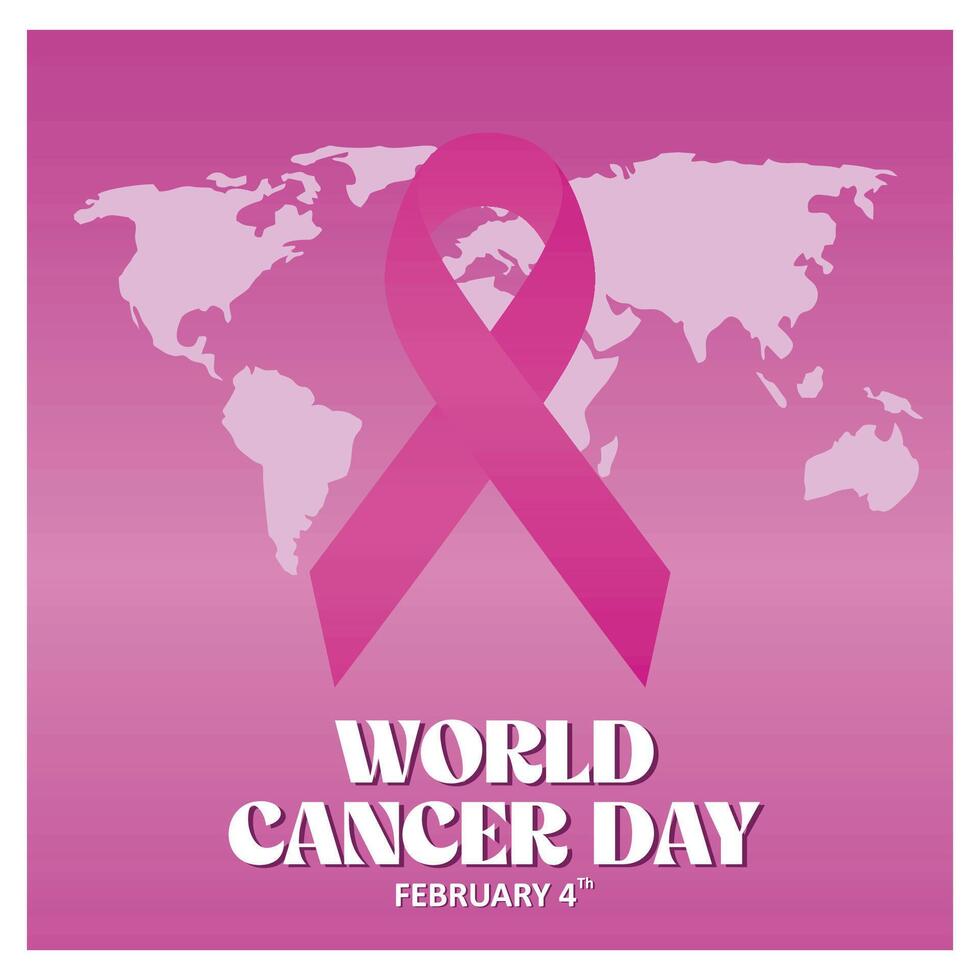 World Cancer Day Awareness Ribbon Over Global Map on Pink Background. vector
