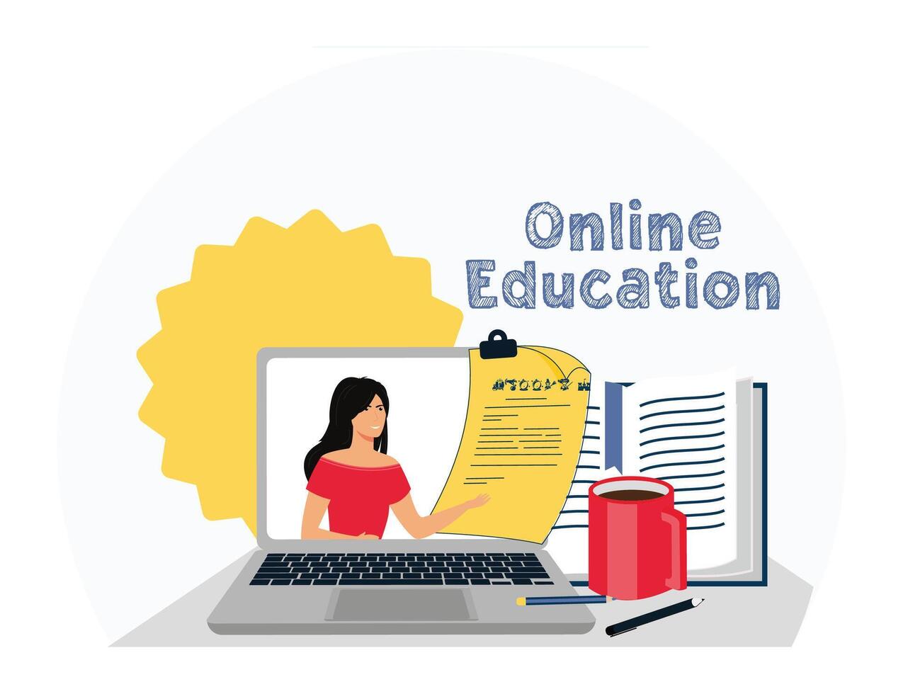 Online Education with Laptop, Open Book, and Mug. vector