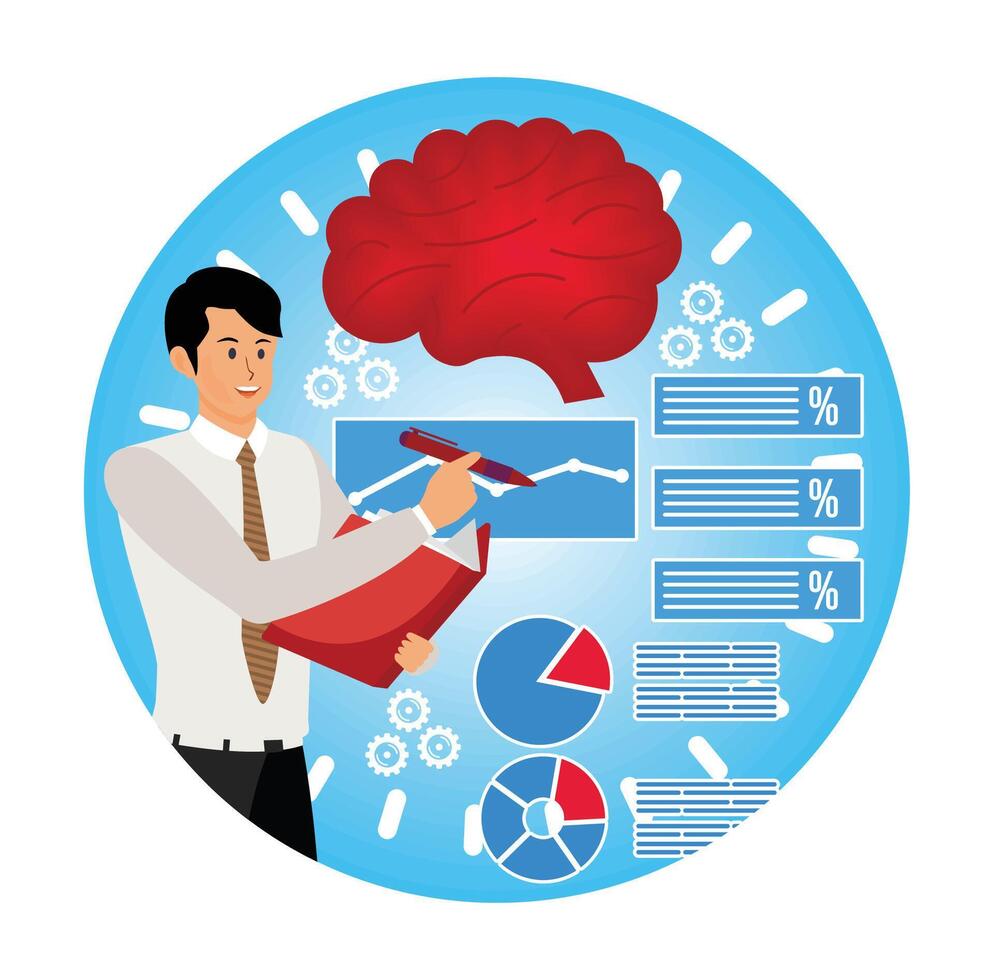 Integrative Psychotherapy. Businessman analysis with Brain and Statistics Elements. vector