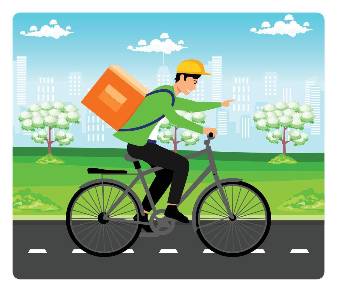 Online delivery service concept. Courier Service Cyclist Delivering Package in Urban Park Setting. vector