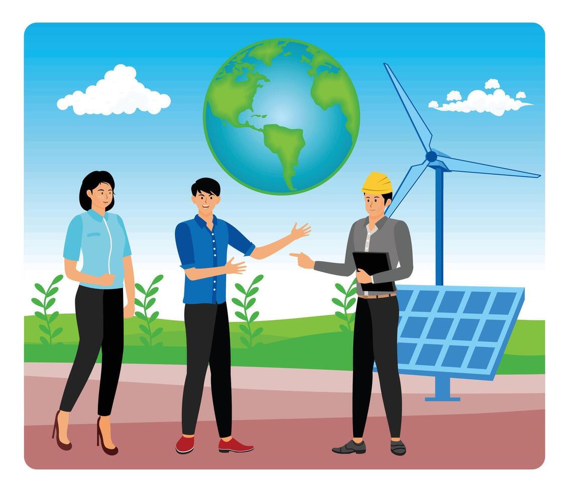 Group of people cooperating for environmental protection and sustainability. vector
