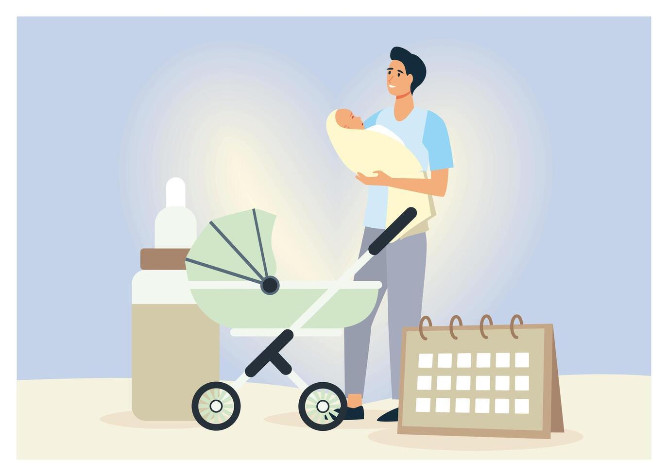 Father Caring for Infant with Baby Essentials and Feeding Accessories Around. vector