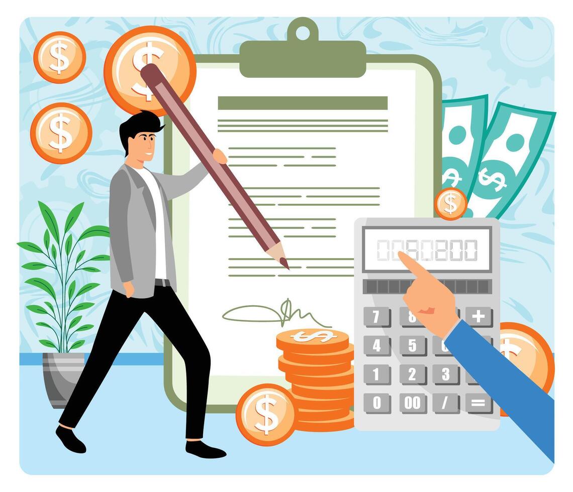 Budget planning. Estimation and financial calculation for tiny person concept. vector