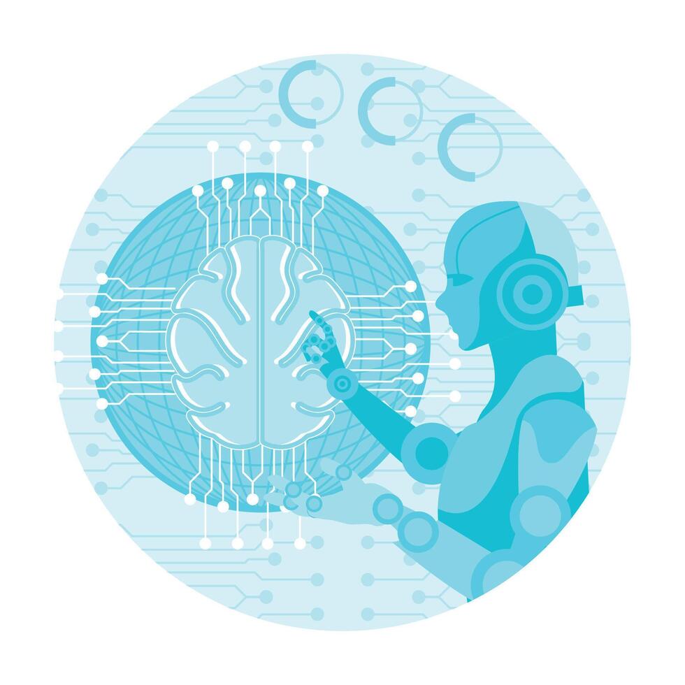 Robotic figure interacts with a digital neural design, symbolizing technology, AI, and innovation. vector