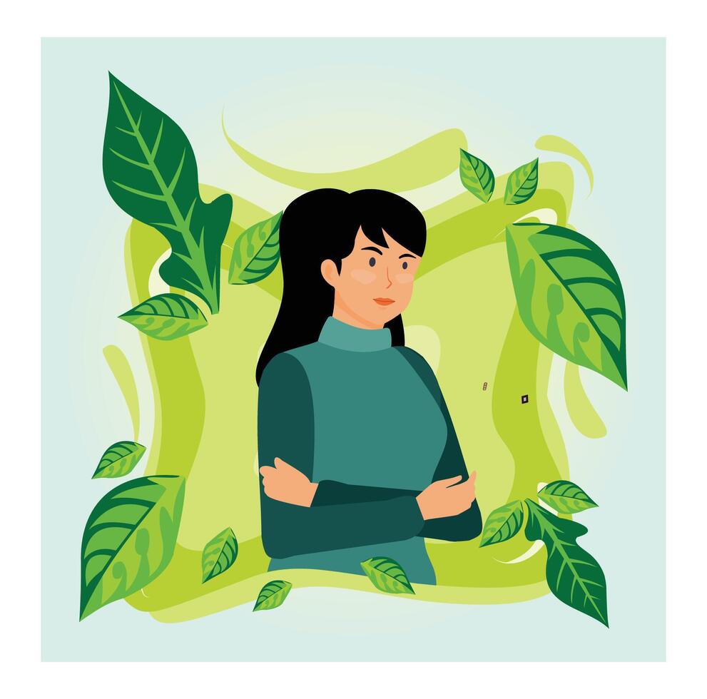 Mental health concept. Young girl doing breathing exercise, Care Awareness, mindfulness and meditation. vector