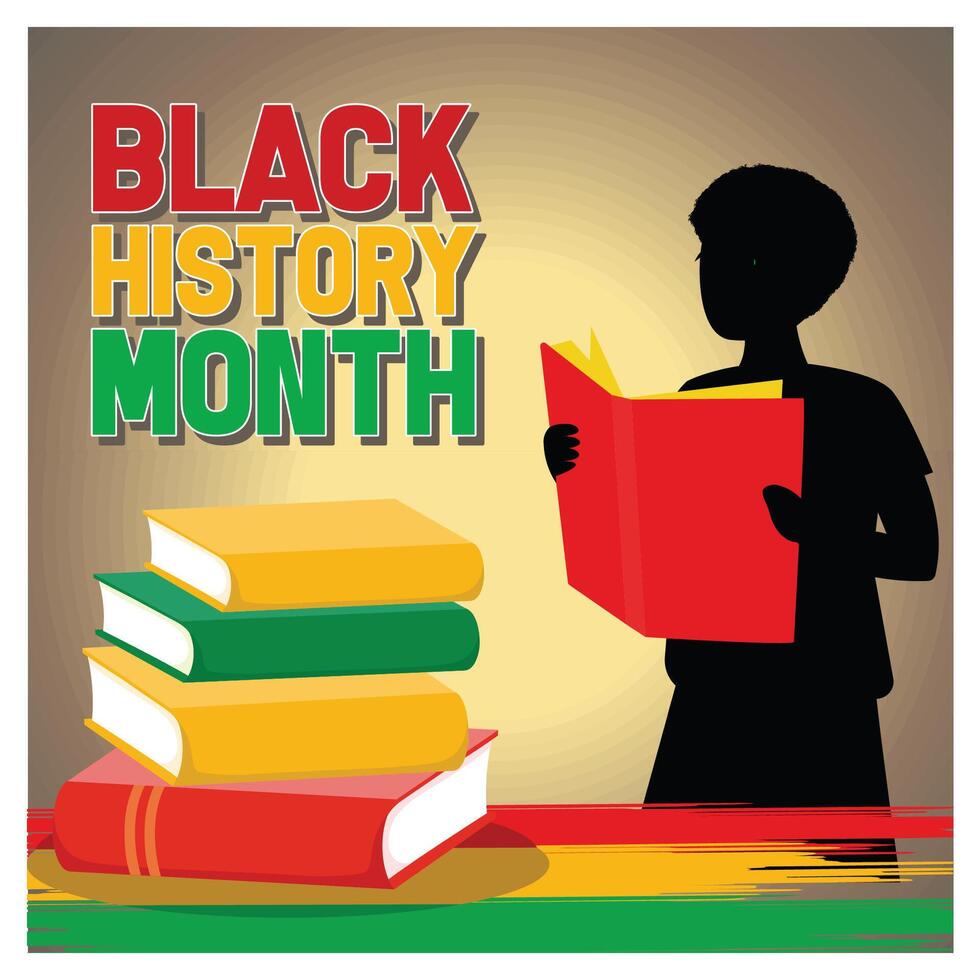 Black History Month conce. Men reading among stack of books. vector