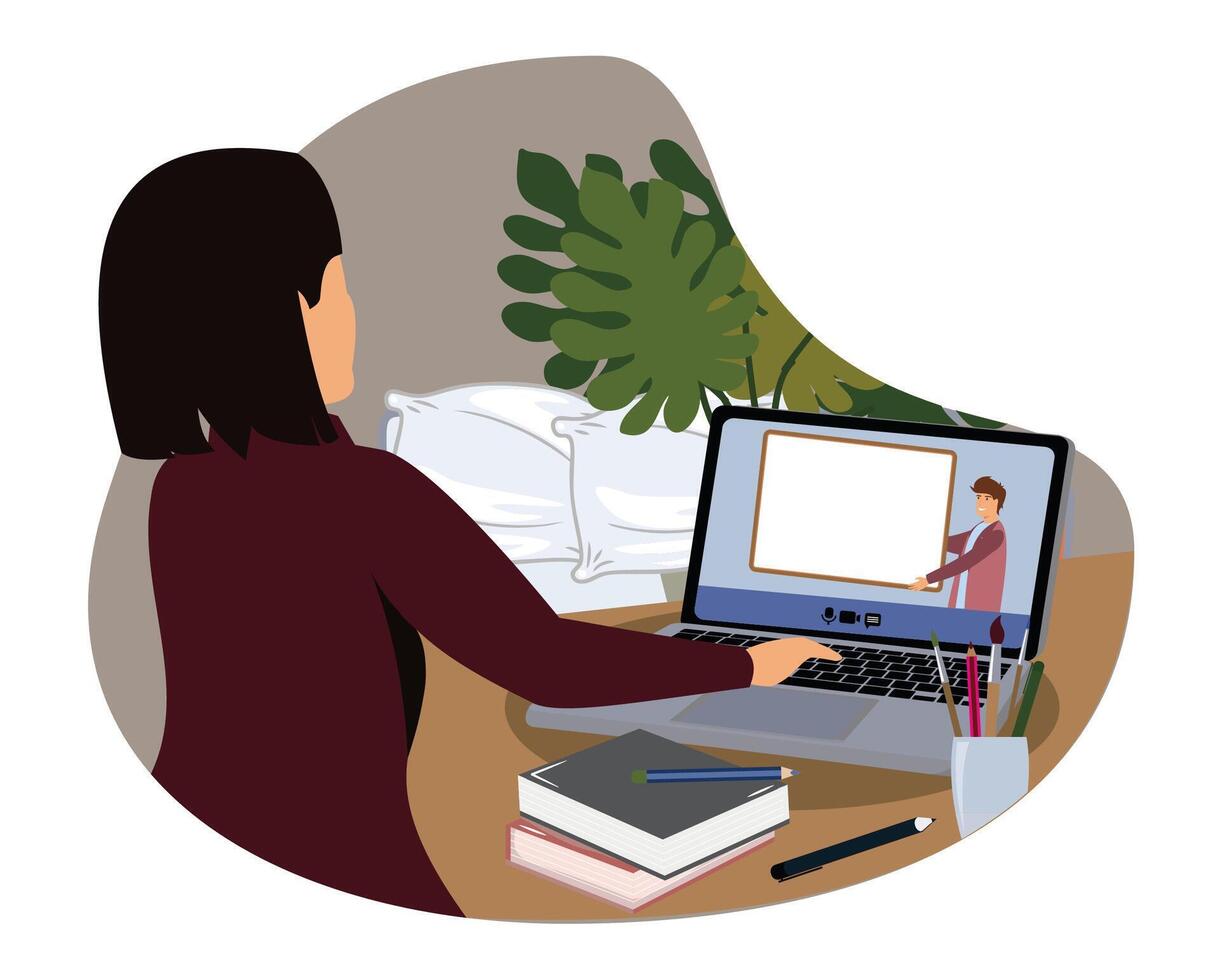 Young student watching lesson online and studying from home vector