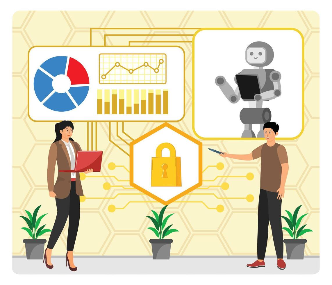 AI Driven Security Training. Collaboration Between Humans, Robotics, and Data analysis. vector