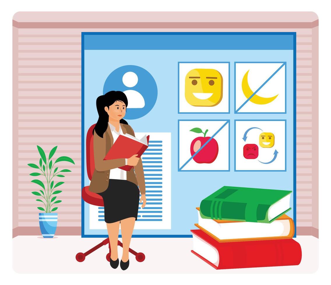 Teacher Training Workshop. Professional Woman Reading Document in an Office with Educational Posters vector