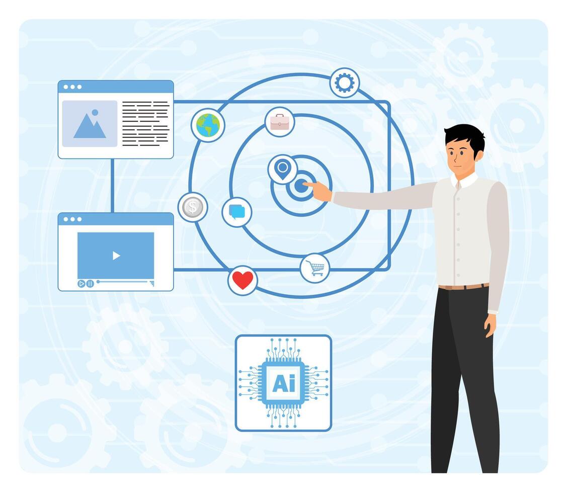 Intelligent interface. Man Interacting with AI Powered Application Interface for Business Insights. vector