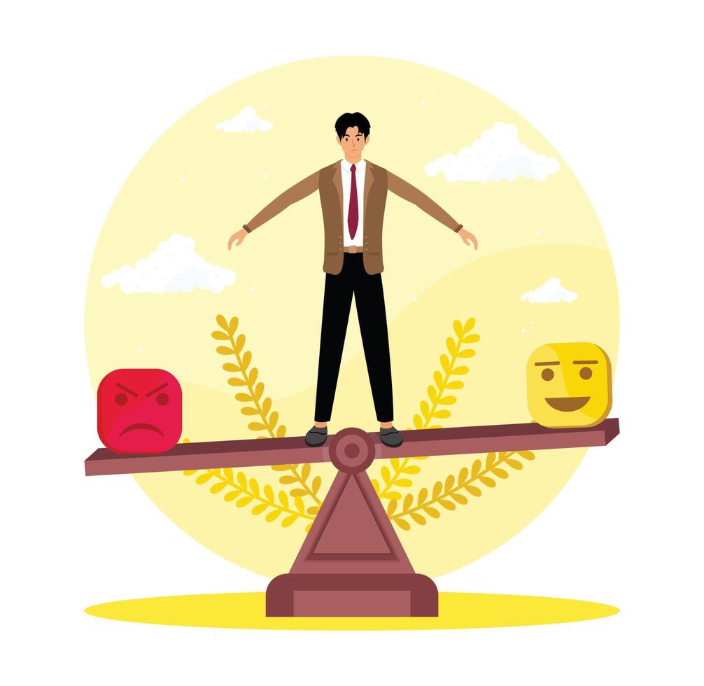 Emotional intelligence, balance emotion. Man balanced on scales. vector