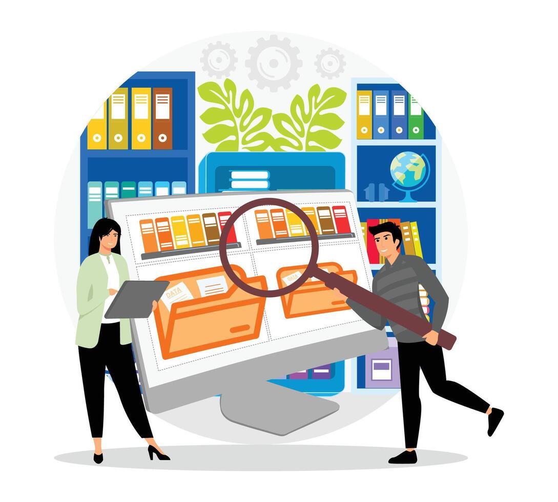Office workers organizing data storage and file archive on server or computer with Magnifying Glass. vector
