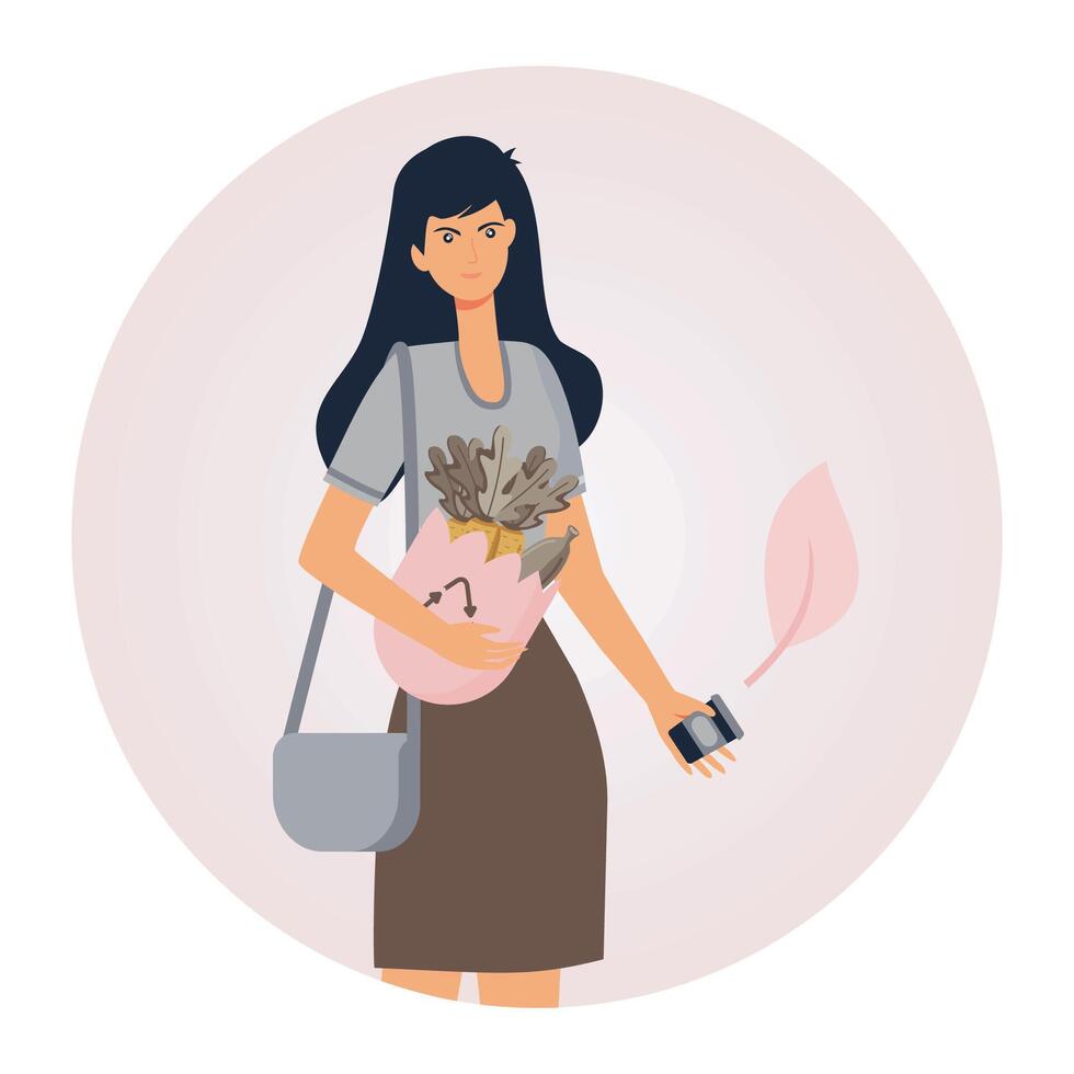 Recycling concept. Woman use reusable bags and coffee cup, groceries in Minimalist Design. vector