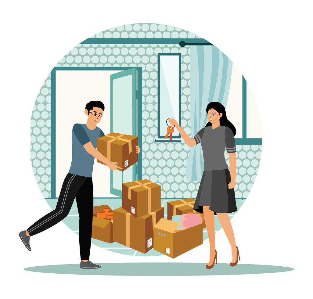 Property owner, happy house owner. Happy Couple Moving Into Their New Home Holding Keys and Boxes. vector