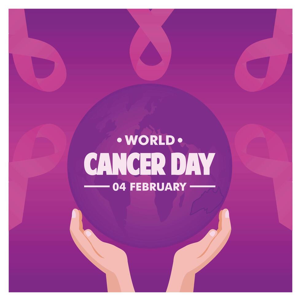 World Cancer Day with Hands Holding a Globe and Awareness Ribbons. vector