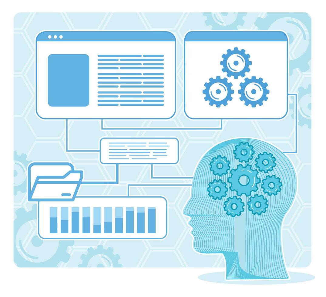 Interactive Data Visualization by AI with Gears and Digital Connections. vector
