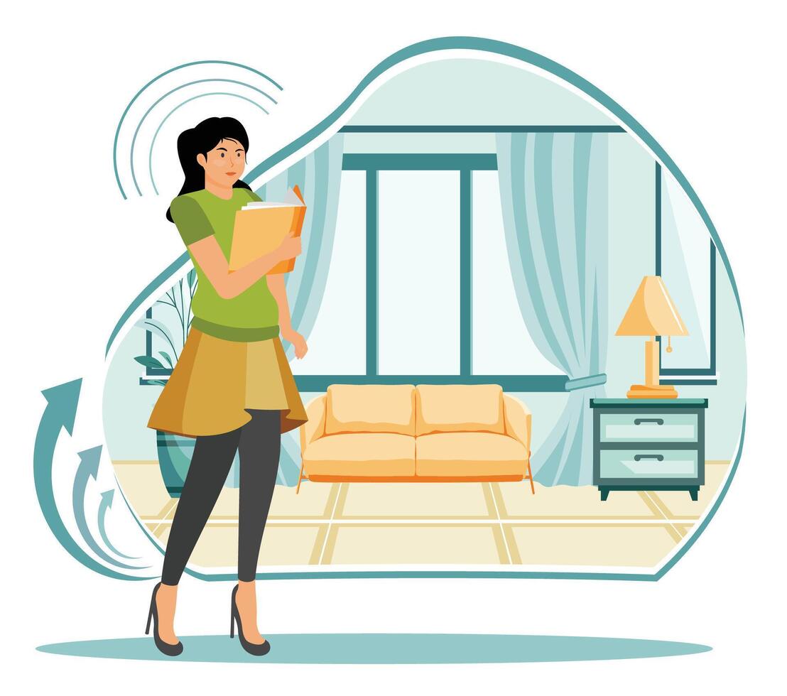 Home staging concept. Woman Taking Notes in a Modern Home Interior Design. vector