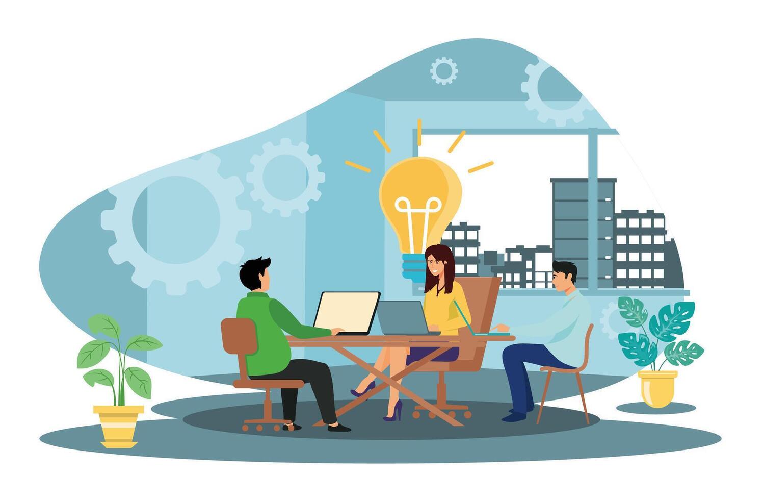 Team of colleagues thinking of new ideas. Brainstorm or start up scene, light bulb, company persons with skills. vector