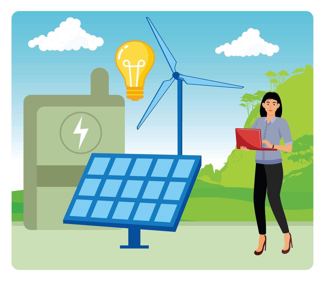 Renewable Energy Scene with Solar Panel and Wind Turbine in Nature. vector
