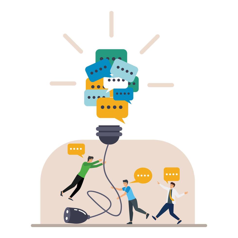 Collaborative Teamwork Represented by People Plugging in a Creative Light Bulb. vector