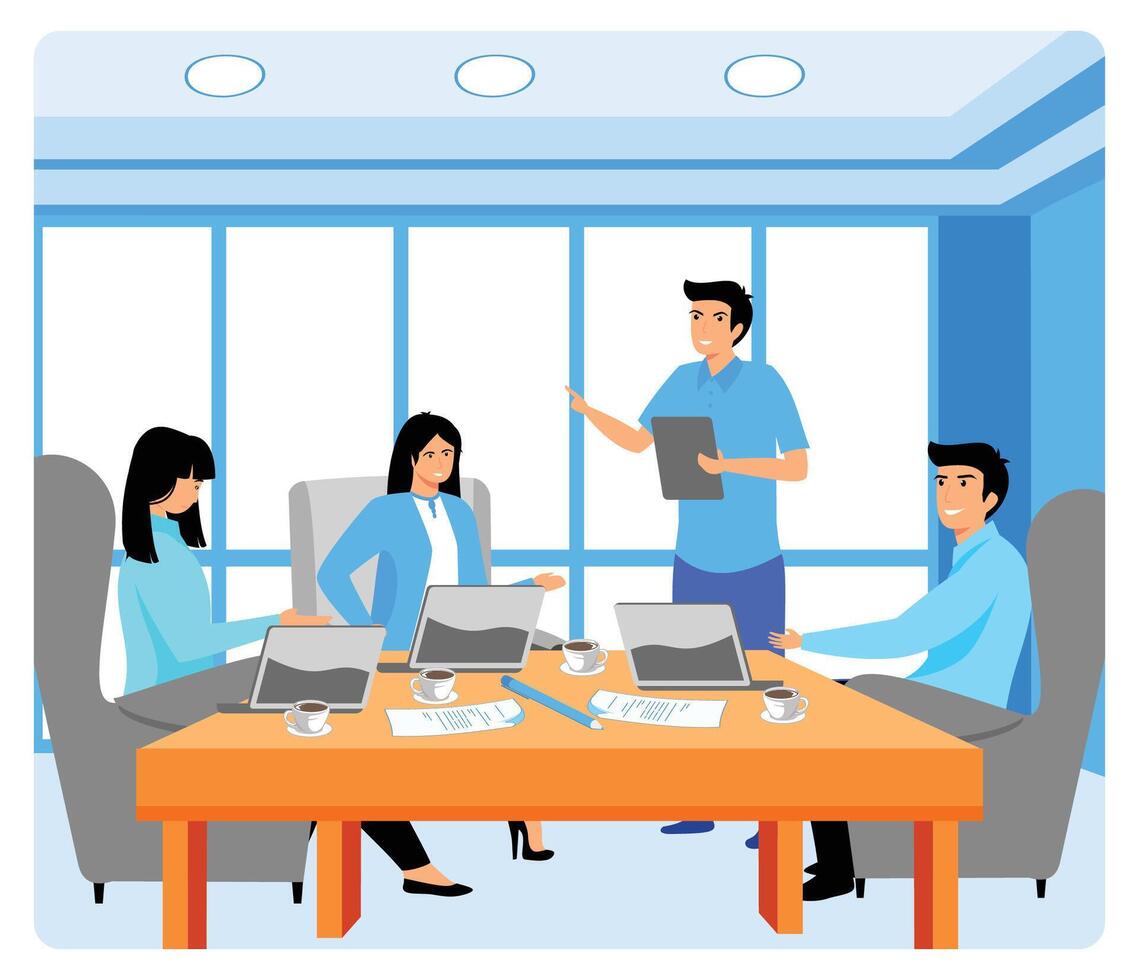 Meeting client. Team Collaborating in a Modern Office with Laptops and Documents. vector