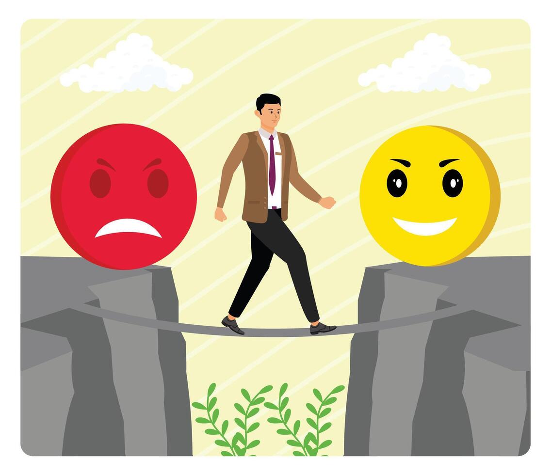 Emotional balance. Businessman Balancing Between Emotions on Tightrope. vector