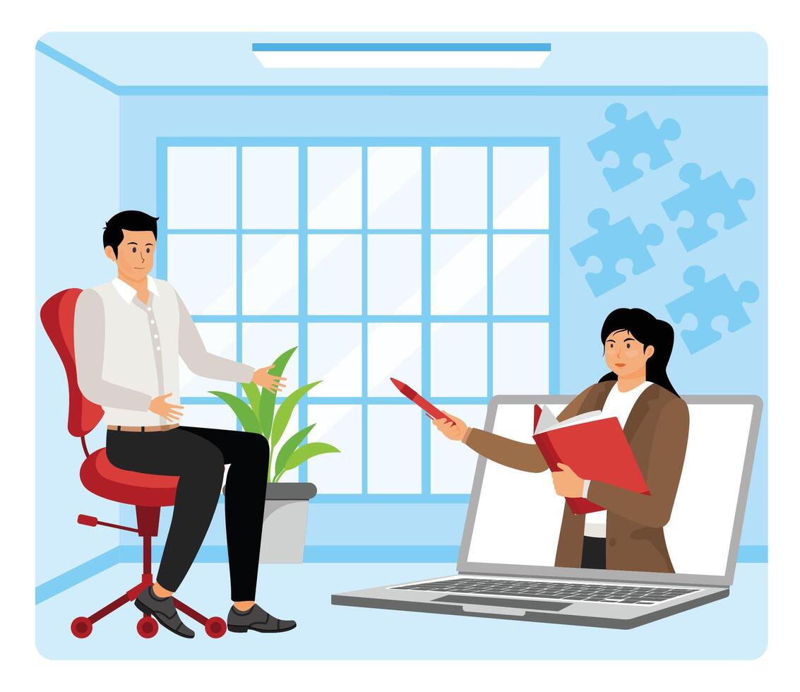 Online Counseling in a Modern Office Environment. Mental therapy session. vector