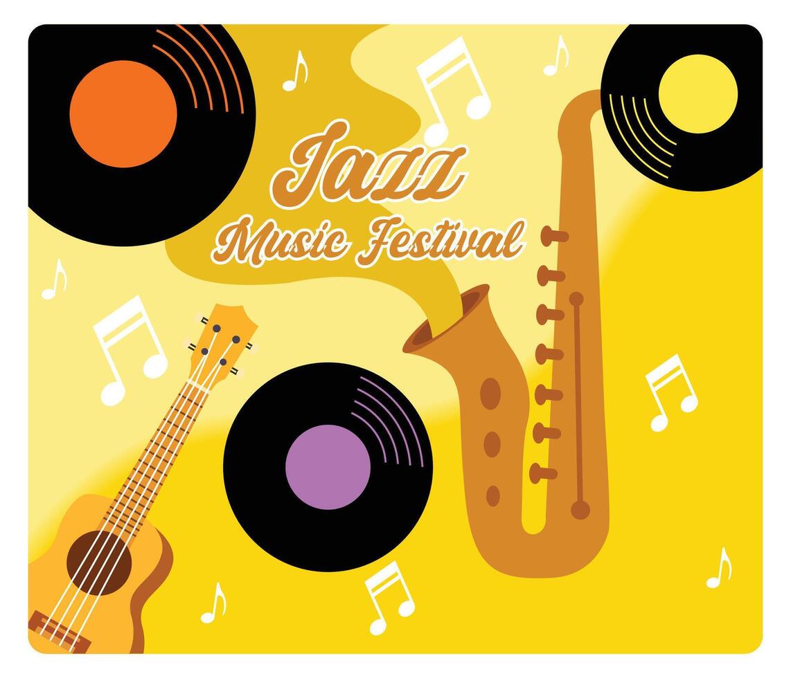 Jazz music concept. Saxophone and golden flute over vinyl record. vector