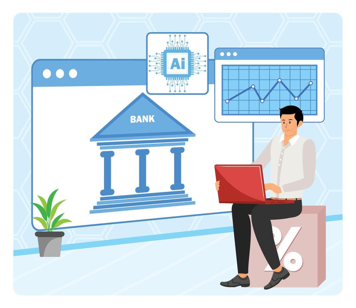 AI Driven Credit Risk Assessment. Man Analyzing Banking Data With Artificial Intelligence Tools. vector