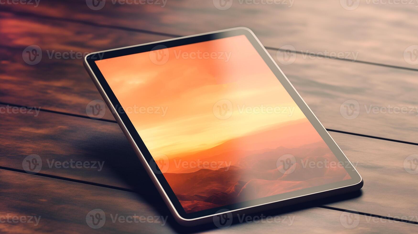 tablet screen close up, on the screen is a mountain landscape in orange tones, the tablet isometric view lies on a wooden table photo