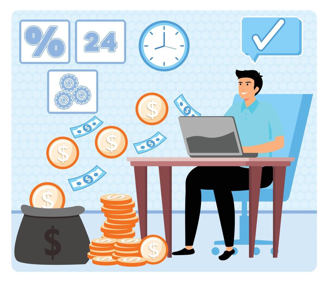 Remote work and freelance concept. Businessman or freelancer working on computer. vector