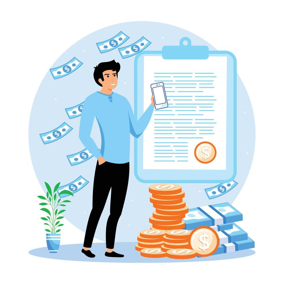 Financial Gains and Remote Income. Man Earning Money Easily Using a Smart phone in the Digital Era. vector