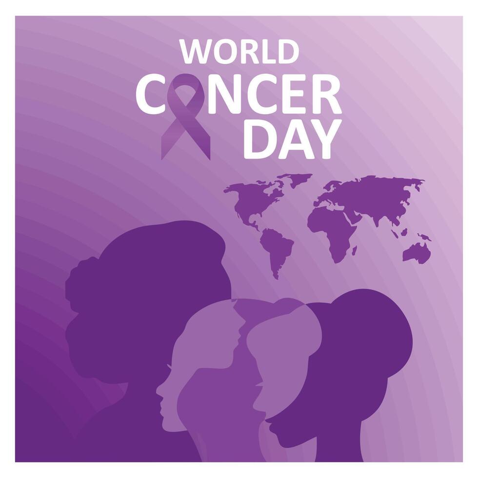 World Cancer Day Purple with Ribbon Symbol and Silhouetted Faces. vector