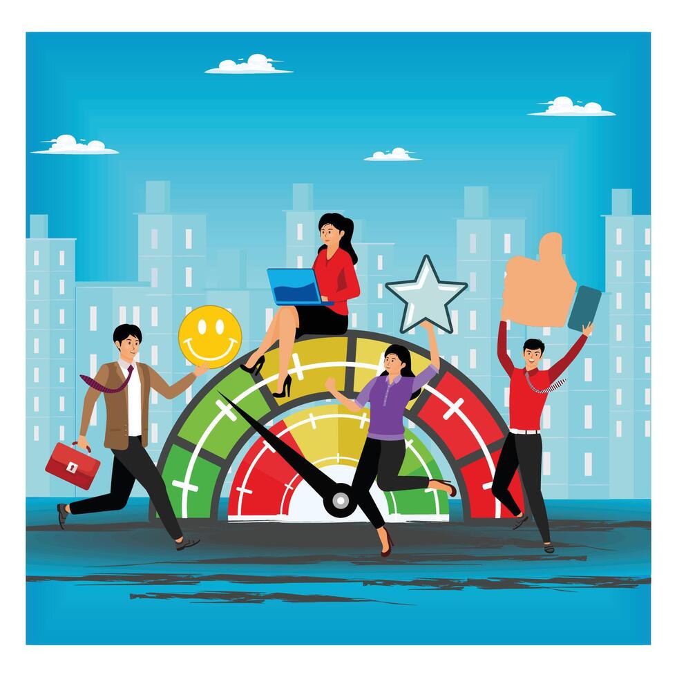 Employee engagement. Business people employee with stars and happy reward. vector