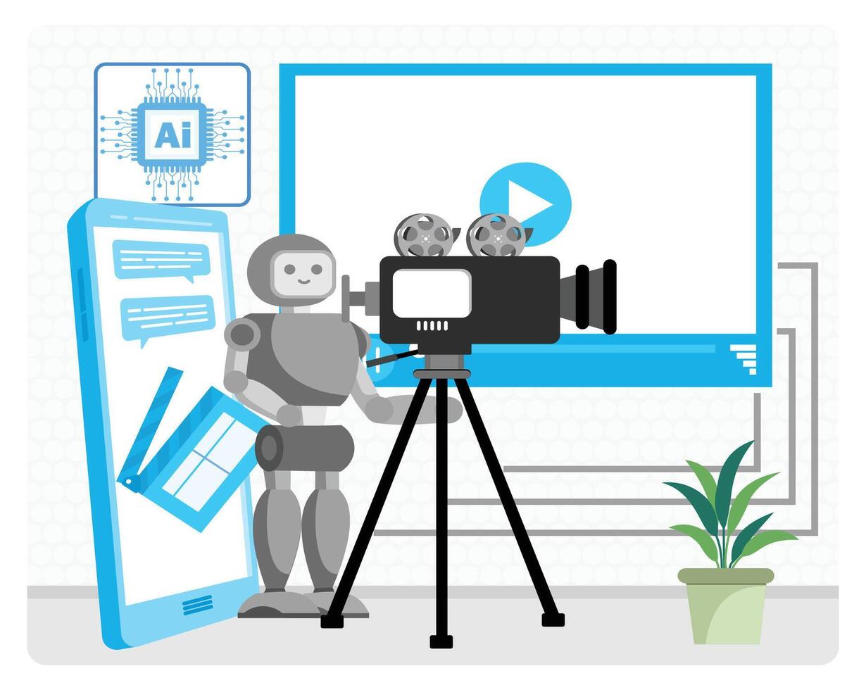 AI art generation concept. Movie robot is holding a film camera for shooting movies. vector