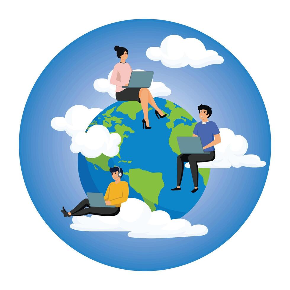 Business people sitting around world map on globe working with online laptop. vector