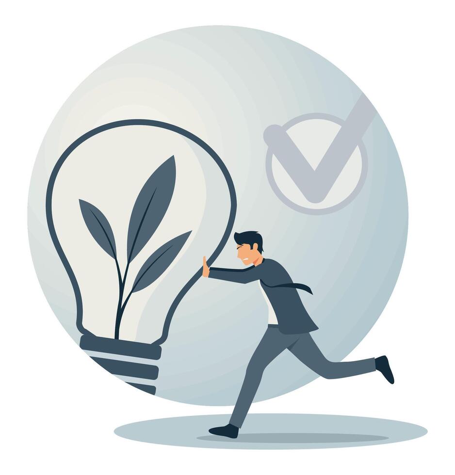 Growing Plant Representing Innovation and Sustainability. Businessman Pushing Light Bulb. vector